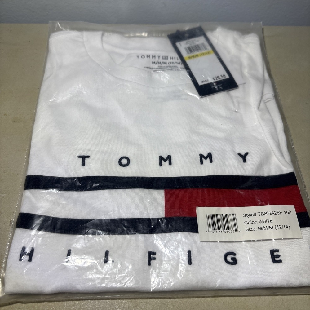 Tommy Hilfiger Girls Kids White Cotton Logo T-shirt Size Medium 12-14 NWT